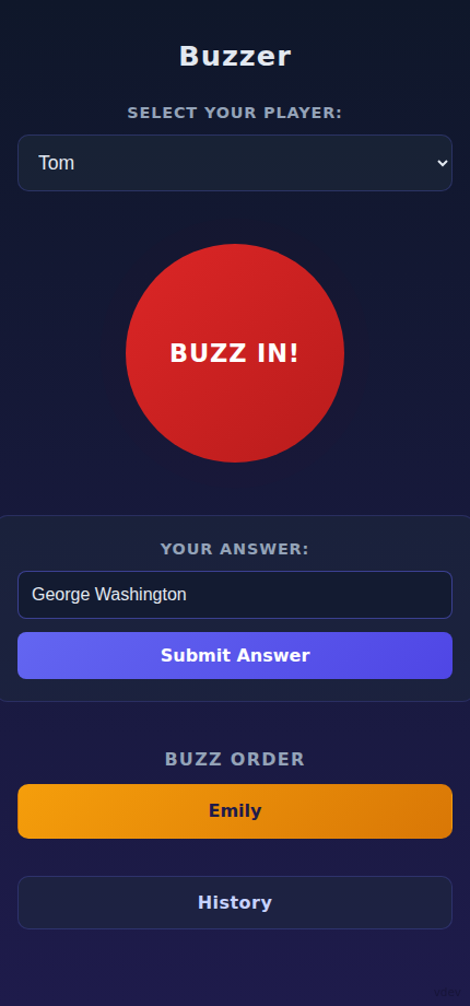 Buzzer page showing Tom typing an answer into the answer input field