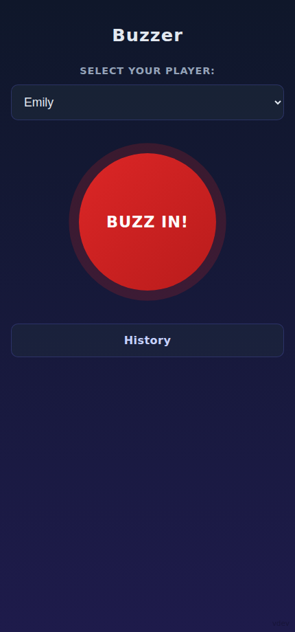 Buzzer page showing the active BUZZ IN button ready to press