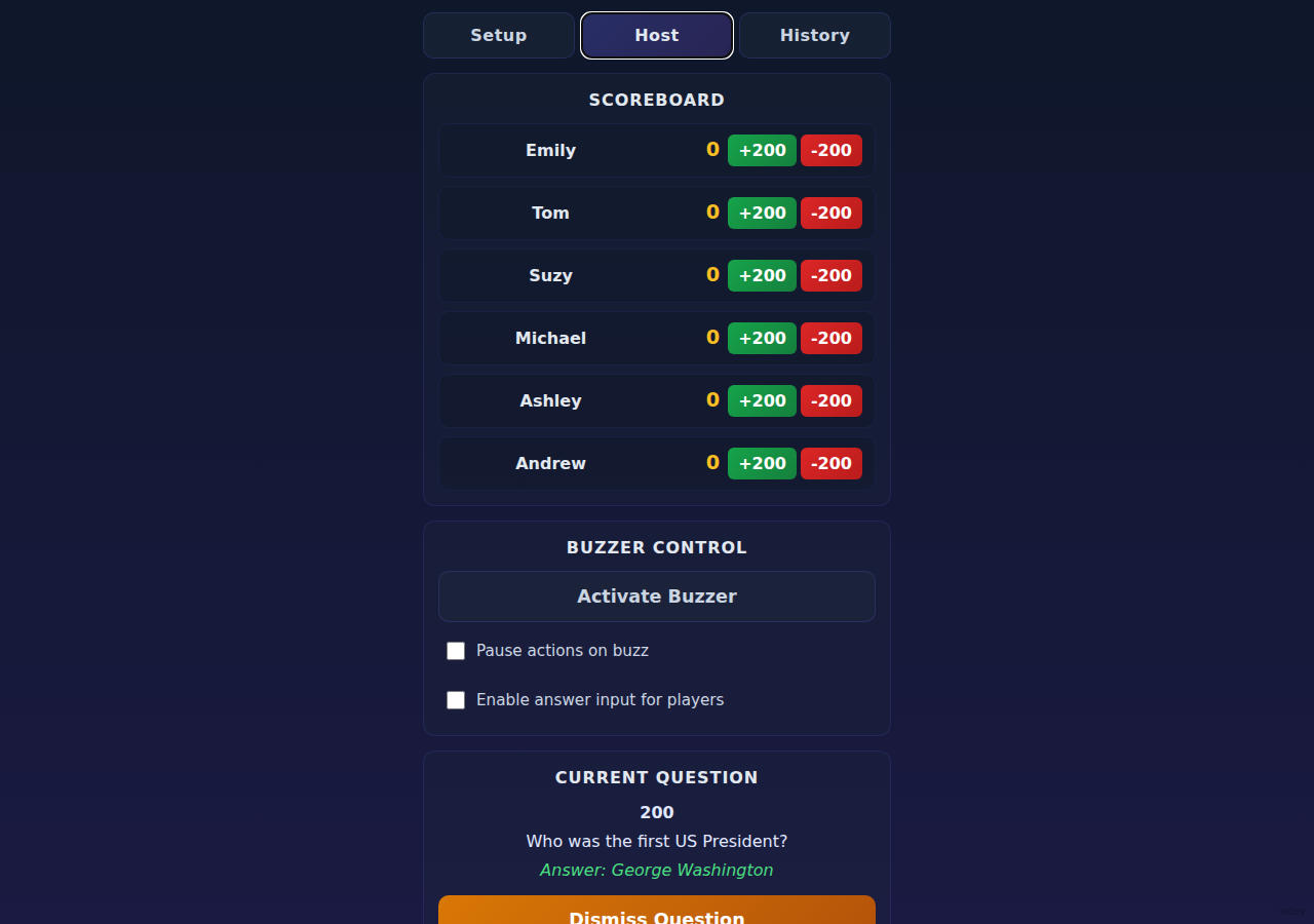 Remote control host tab showing scoring controls while a question is active