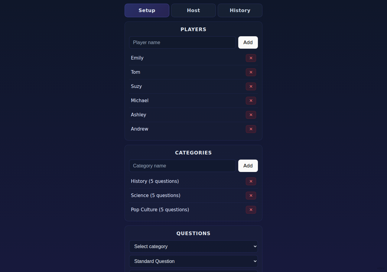Remote control setup tab showing player and category management